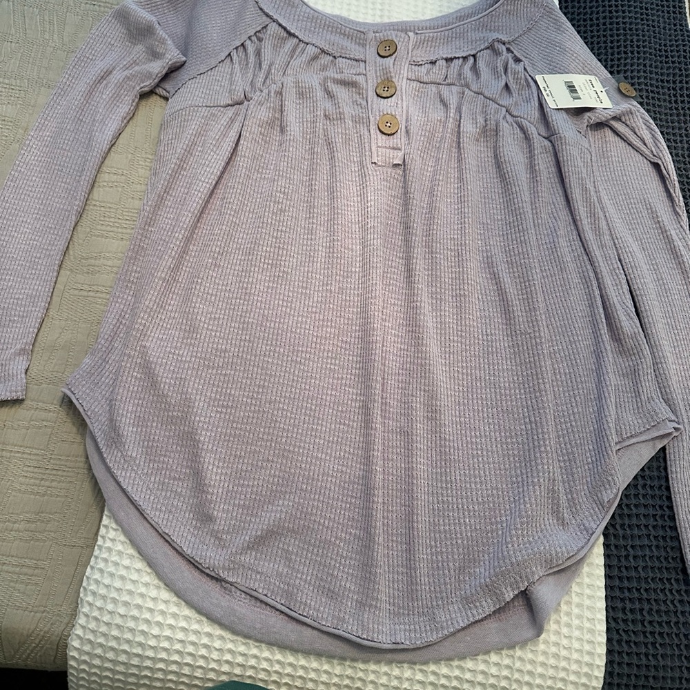Free People Lavender Waffle Henley with Button Placket